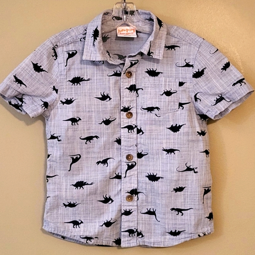 Dinosaur print light blue short sleeve button down cotton shirt